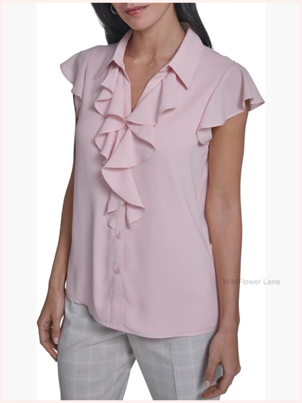 Cap Sleeve Ruffle Front Blouse - Women's Button Down Shirt